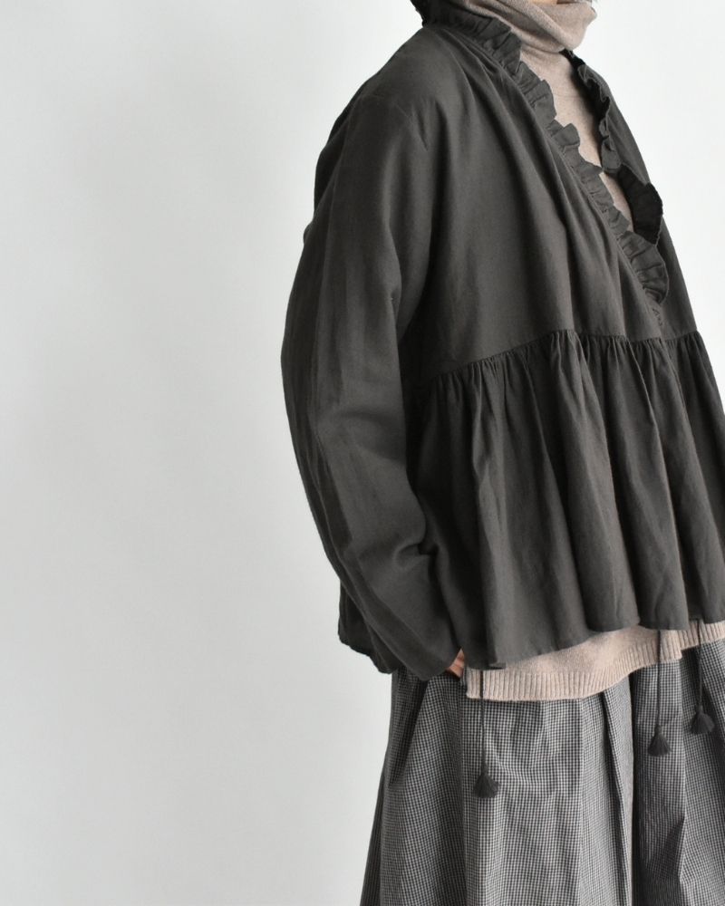 Twill Cotton Khadi Plain Frill Cache Coeur in Charcoal