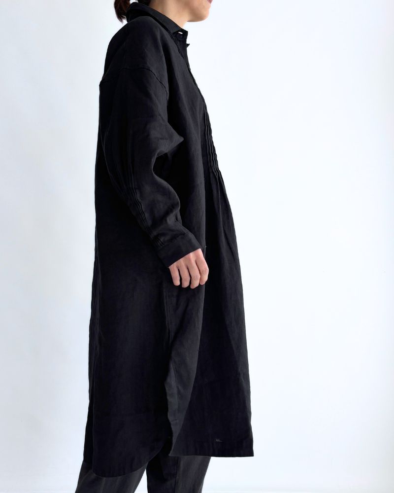 Linen Tuck Shirt Dress in Black