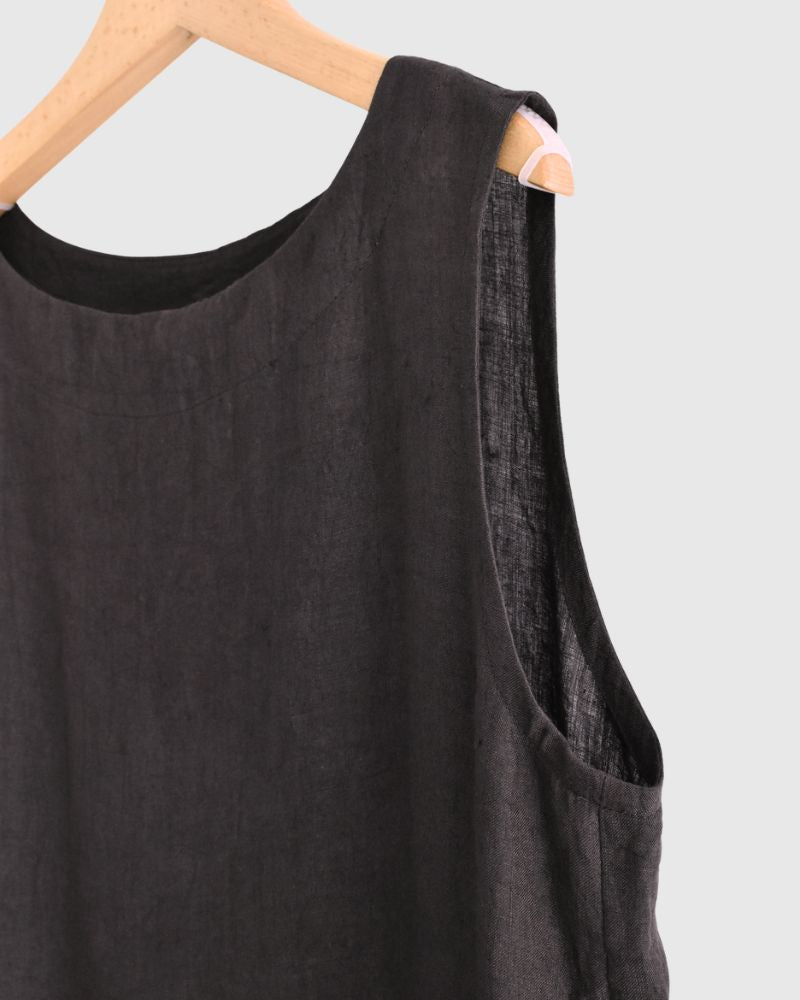 Sleeveless Gathered Dress (LINEN) in Brown