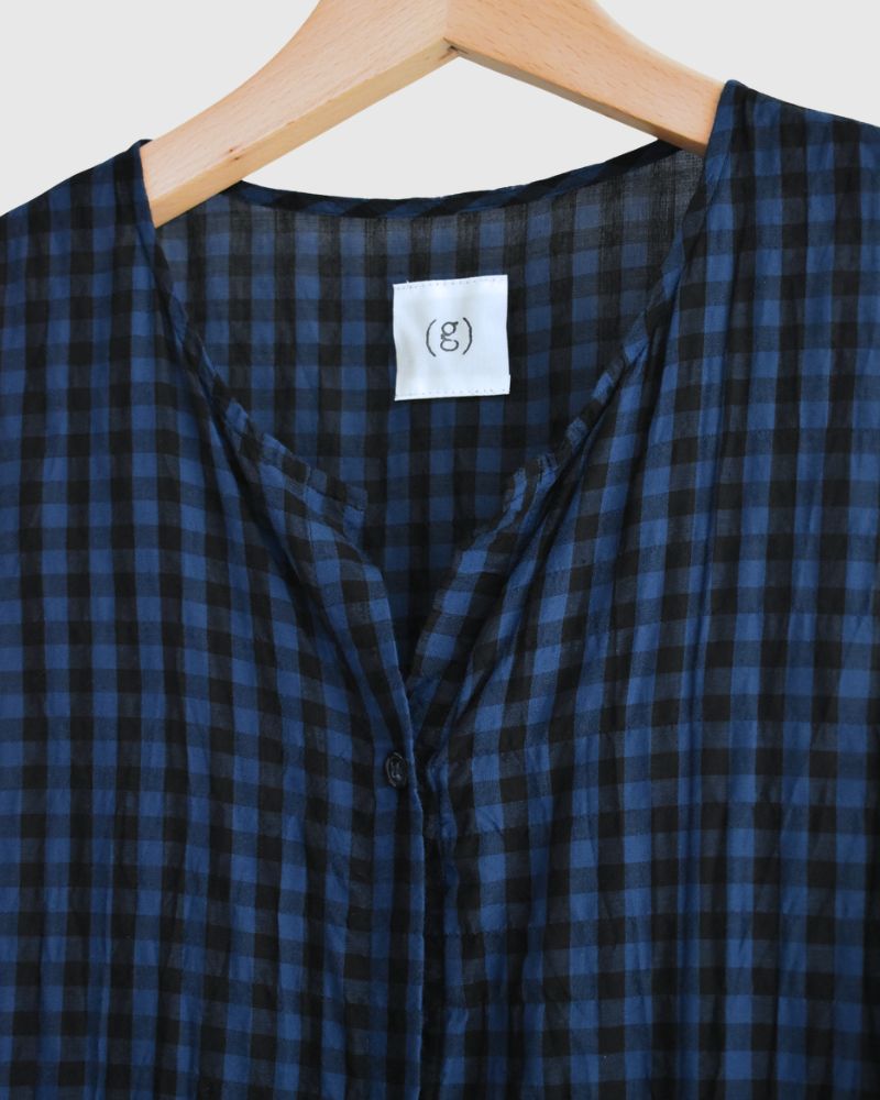 Block Check Sleeveless Gathered Dress in Navy