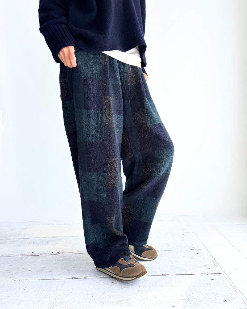 Patchwork Brushed Check Pants in Navy