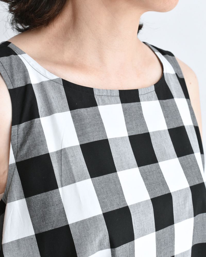 Block Check Sleeveless Flared Dress in White/Black