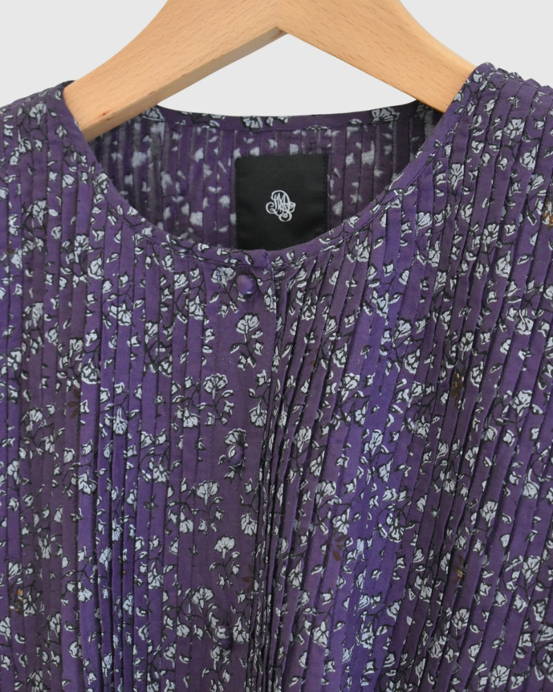 Crew-Neck Button Shirt with Pintuck in Purple