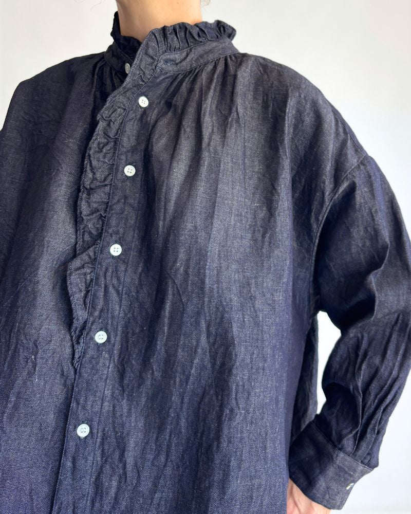 Denim ruffle blouse in IndigoDenim