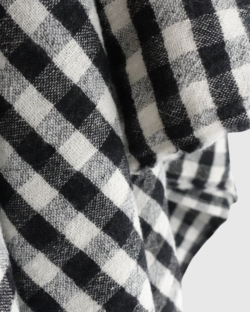 Wool Linen Gingham Check Stole in Ivory/Black