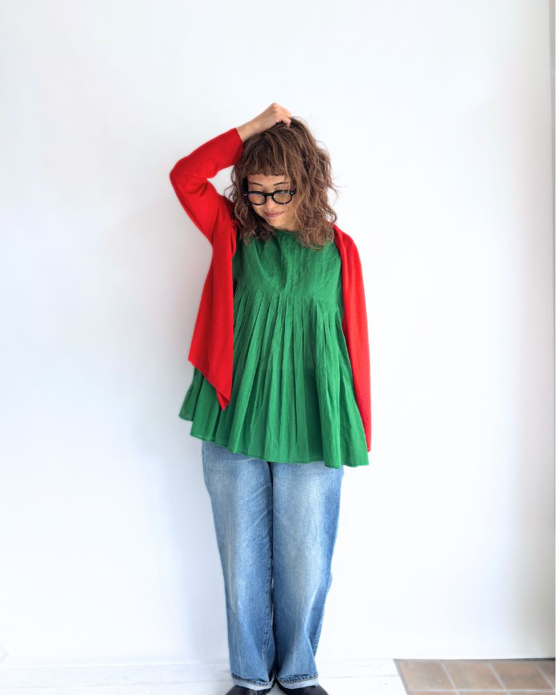 80s ORGANIC VOILE PLAIN CREW-NECK F/SLEEVE SHIRT WITH INVERTED PLEAT in Green