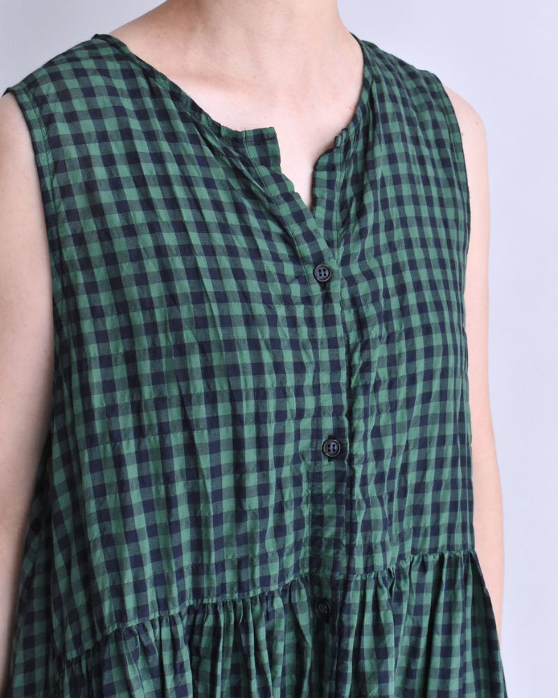 Block Check Sleeveless Gathered Dress in Green