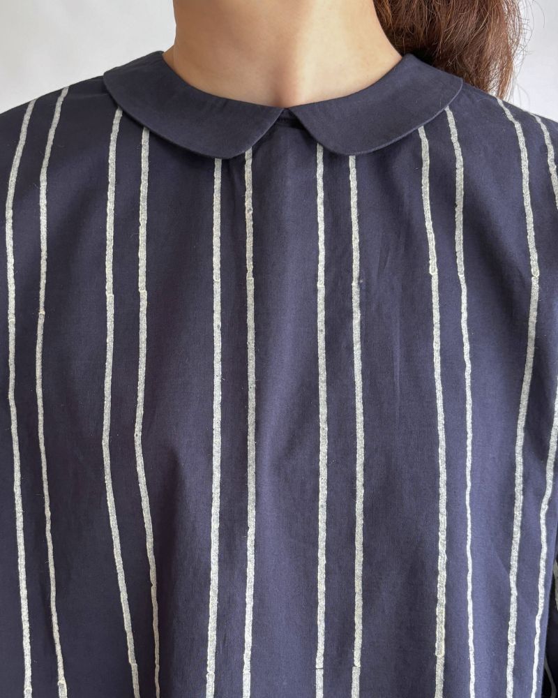 60s COTTON STRIPE BLOCK PRINT BACK OPENING ROUND COLLAR SHIRT Navy in Navy