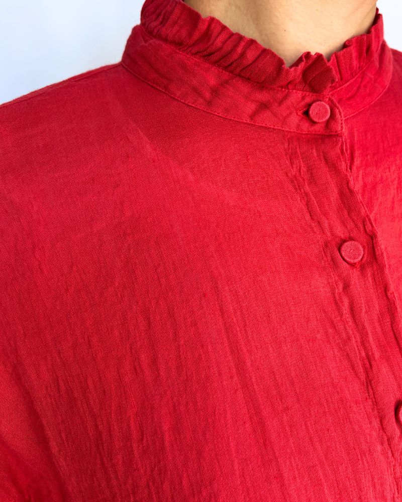 AUTO LOOM COTTON/LINEN PLAIN FRILL COLLAR MAXI SHIRT DRESS WITH MINI PINTUCK in Red