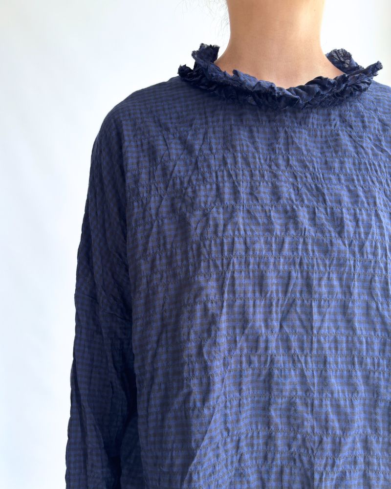 Check Neck Frill Box Pullover in NavyCheck