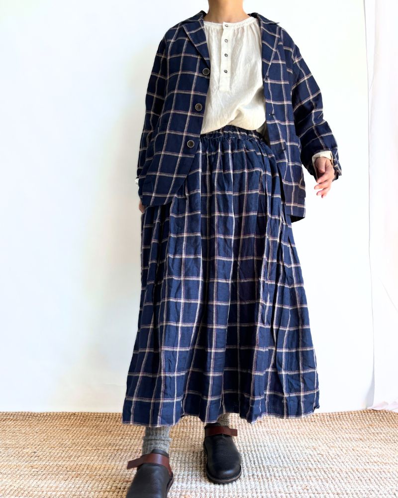 LINEN CHECK JACKET in Navy