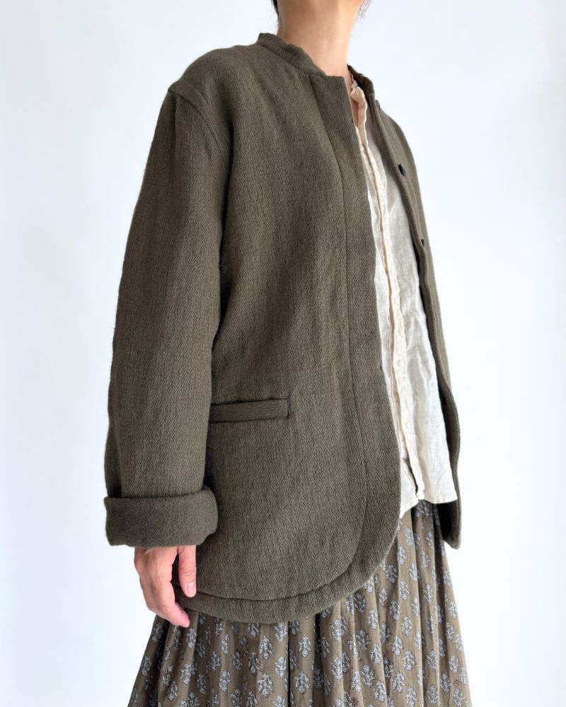 STAND COLLAR FLY FRONT JACKET in Olive