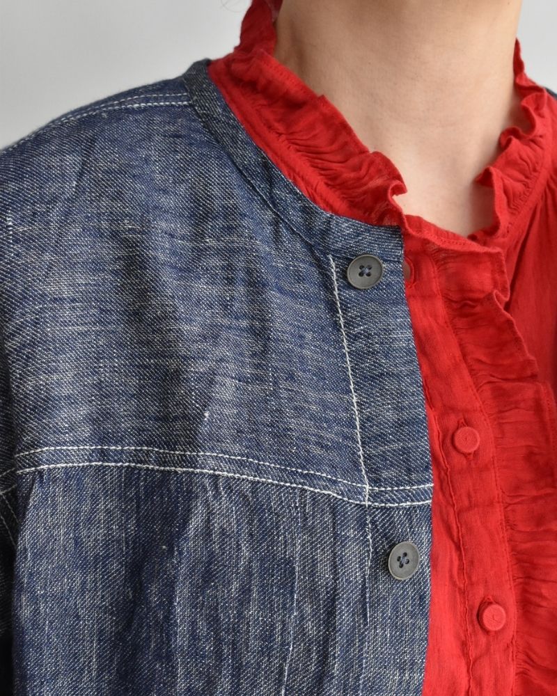 Handwoven Hemp Denim Collarless Jacket in Blue