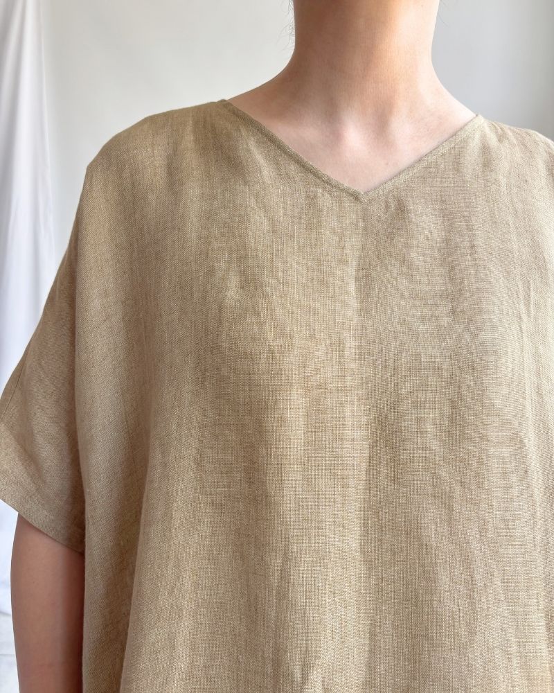 V-neck A-line dress (LINEN) in Beige