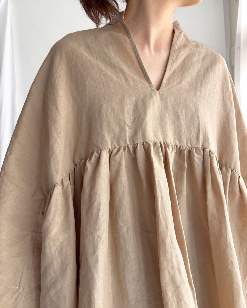 Linen cotton gathered dress in Beige