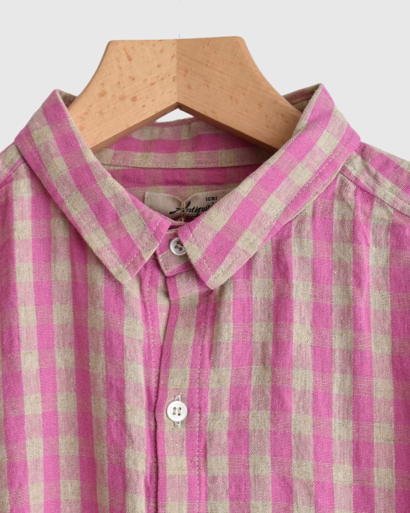 Linen Cotton Gingham Dress in Pink/Natural