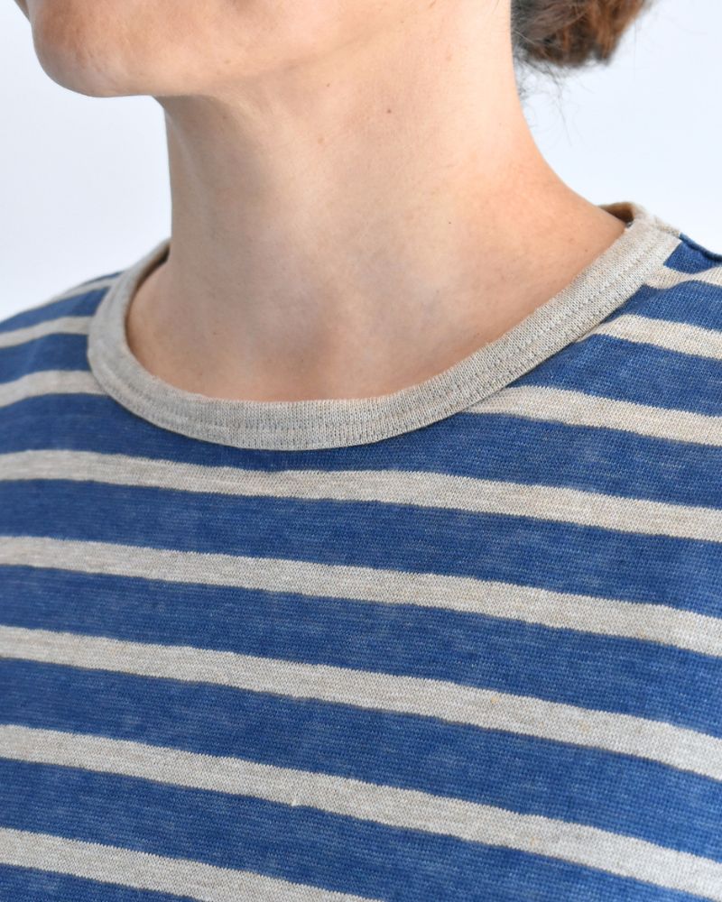 Linen Jersey Border Pullover in Blue/Natural