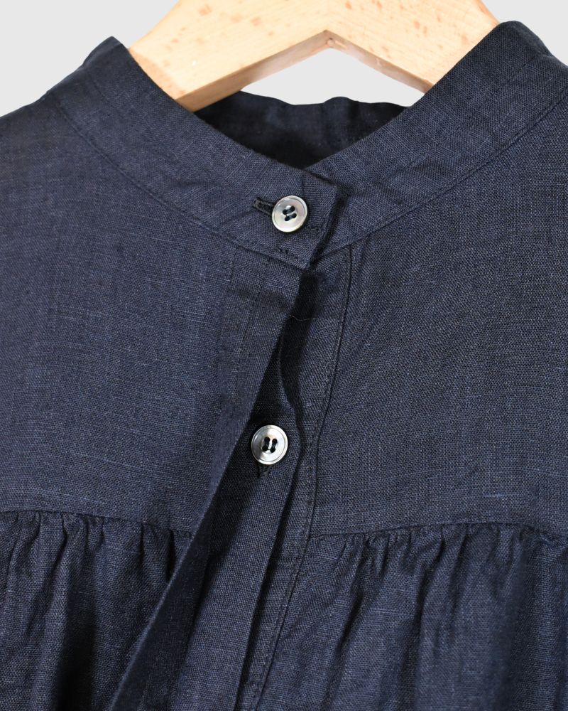 Linen Gather Shirt in Navy