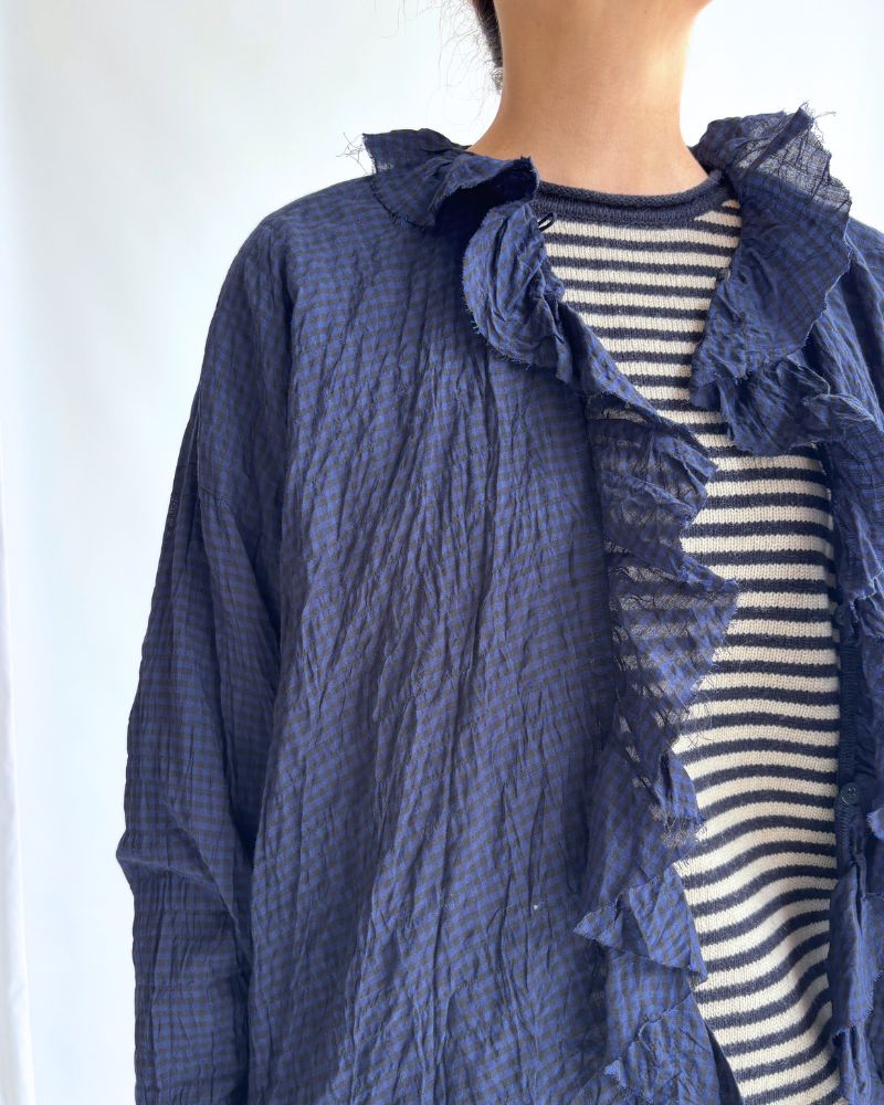 Check Frill Trim Blouse in NavyCheck
