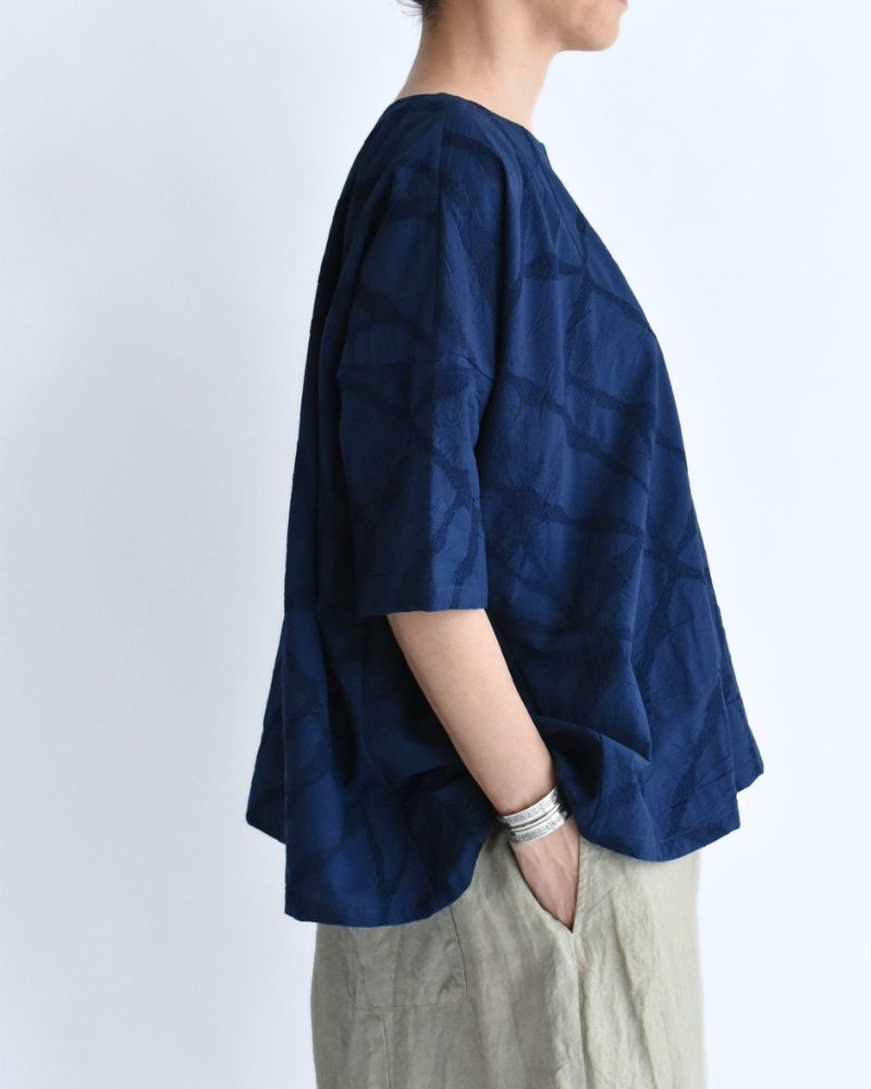 Panel Pullover Blouse (Embroidered) in Navy