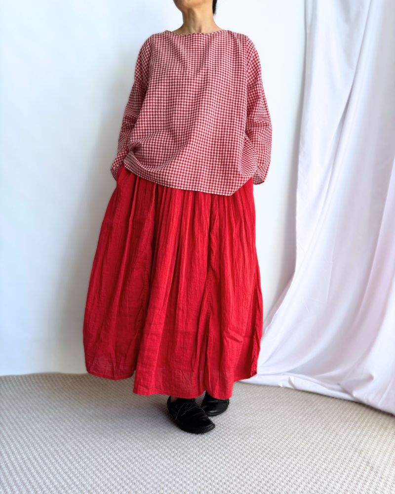 HANDWOVEN COTTON/SILK GINGHAM CHECK DROP SHOULDER SMOCK in Red