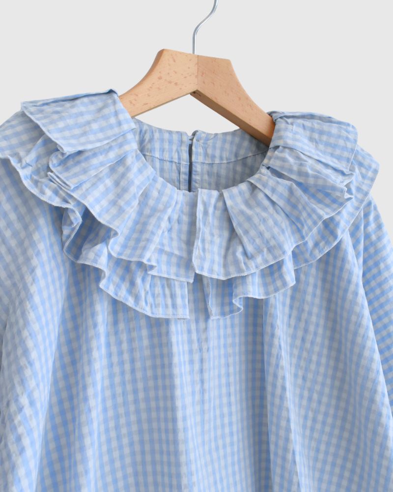 Tuck Frill Pullover in Sax/Ecru Check
