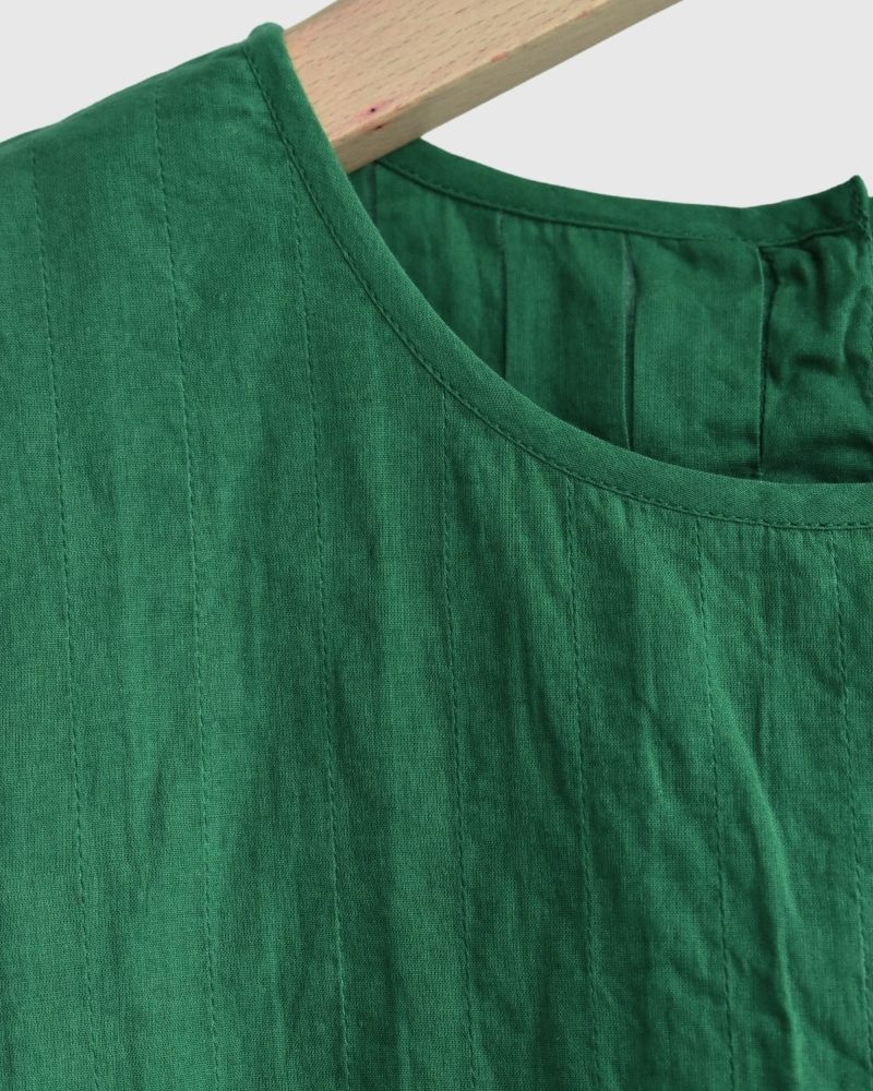80s ORGANIC VOILE PLAIN CREW-NECK F/SLEEVE SHIRT WITH INVERTED PLEAT in Green