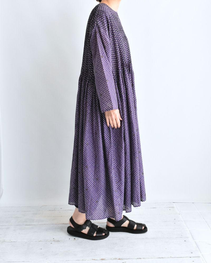 Crew Neck Button Shirts Dress with Mini Pintuck in Purple