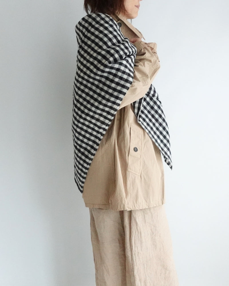 Wool Linen Gingham Check Stole in Ivory/Black