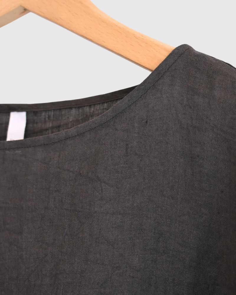 Boat Neck Wide Blouse (Linen) in Brown