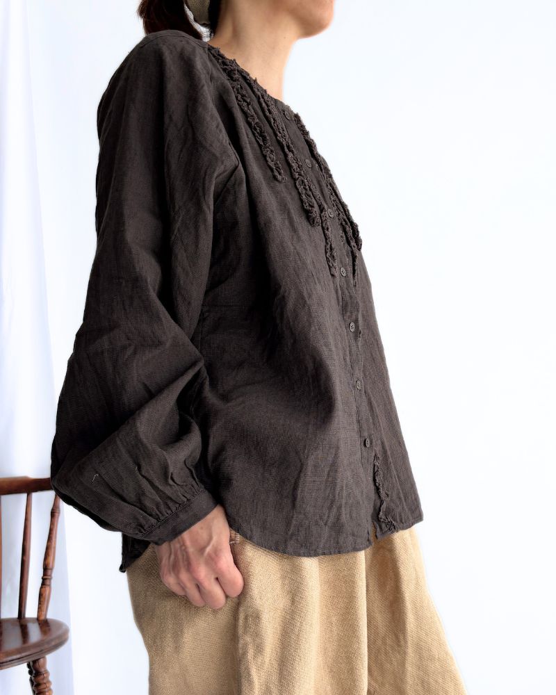 Hand Span Cotton Linen Ruffle Blouse in DarkBrown
