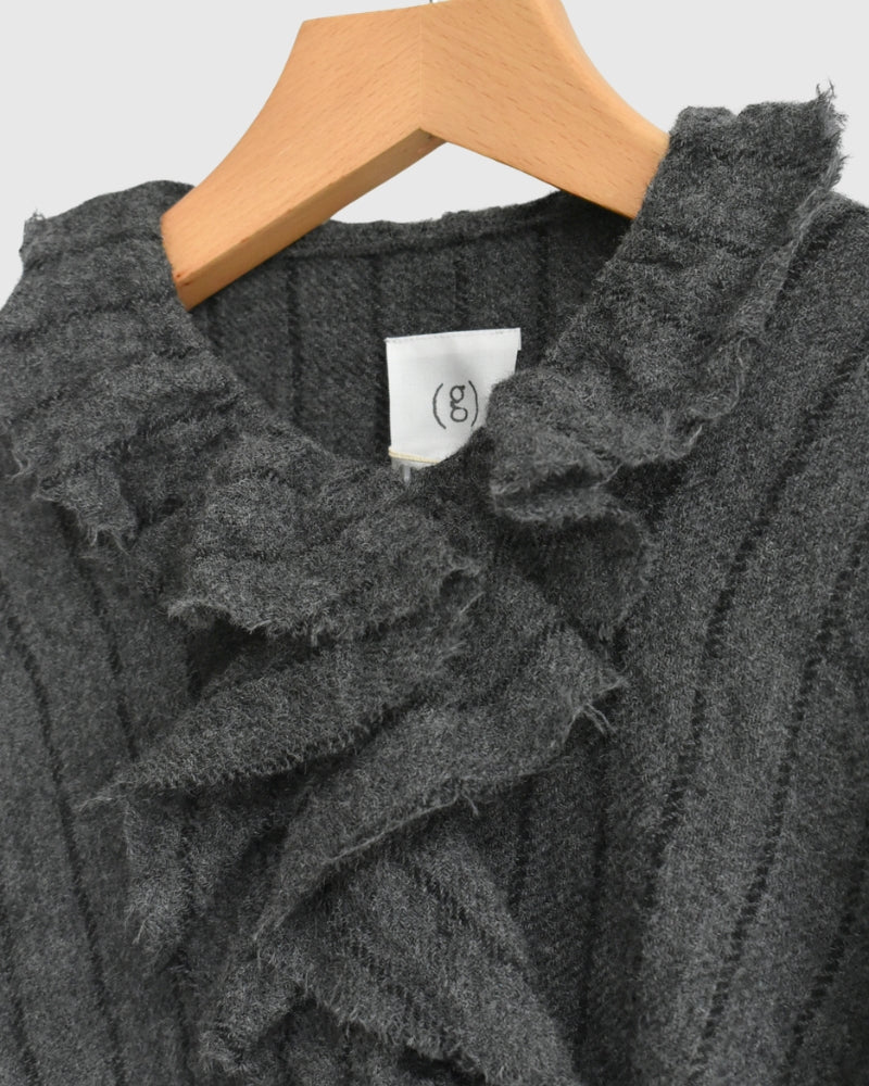Wool Stripe Frill Trim Blouse in Gray