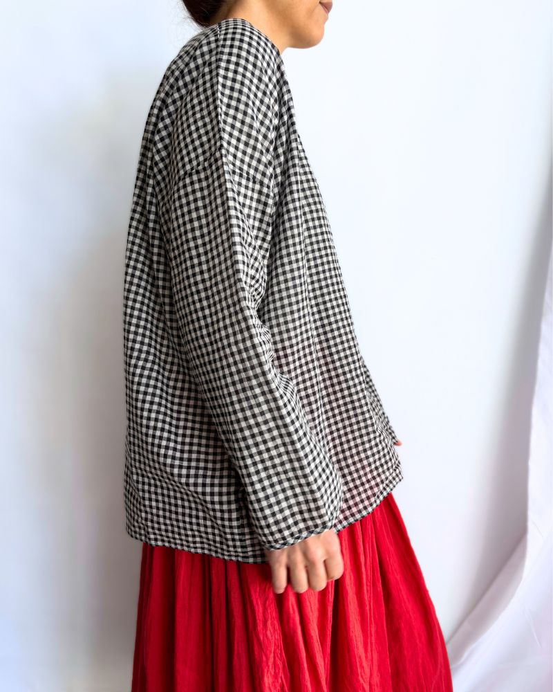 HANDWOVEN COTTON/SILK GINGHAM CHECK DROP SHOULDER SMOCK in Black