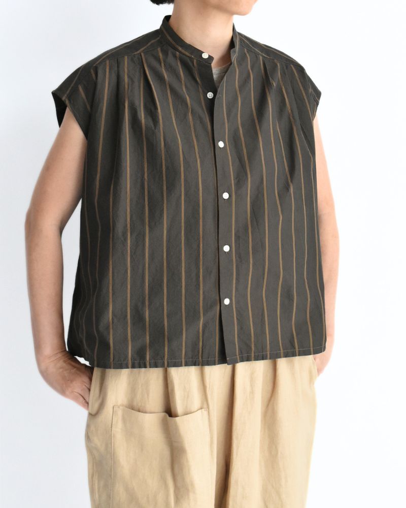 SMILE-W French sleeve blouse with scarf in BrownStripe