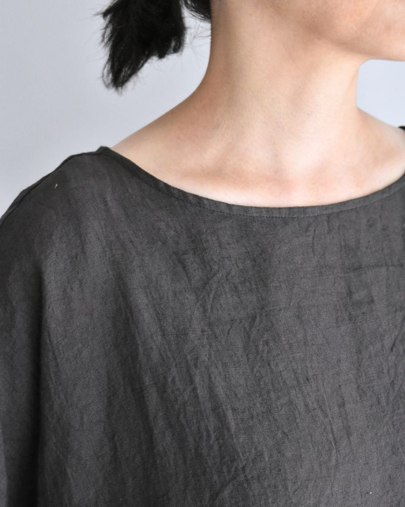 Boat Neck Wide Blouse (Linen) in Brown