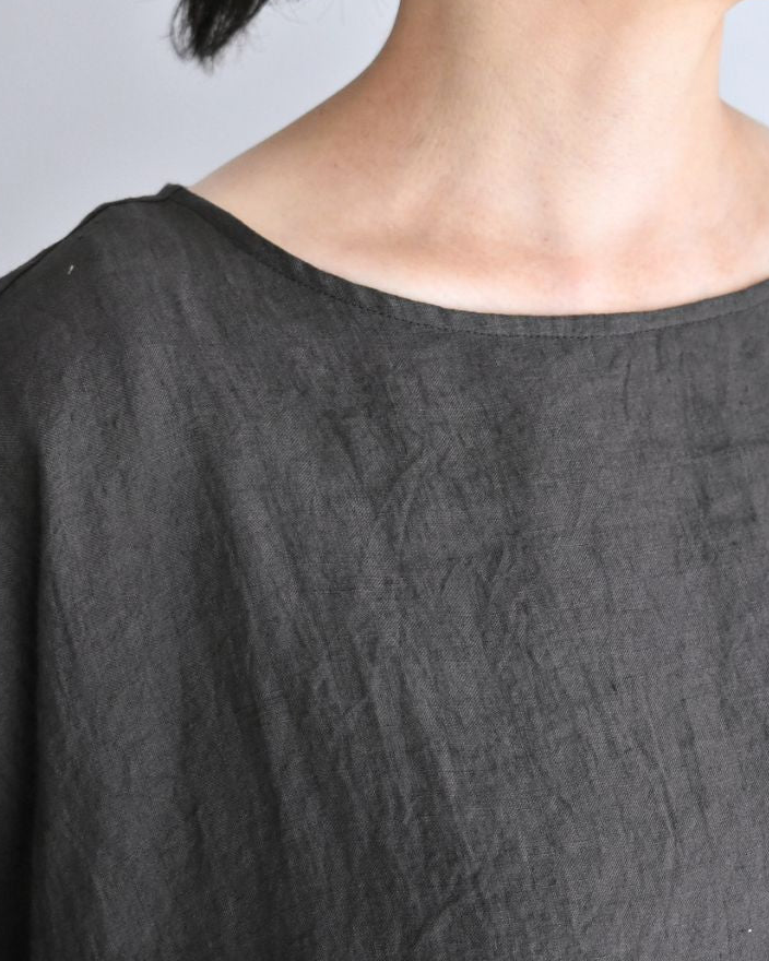 Boat Neck Wide Blouse (Linen) in Brown