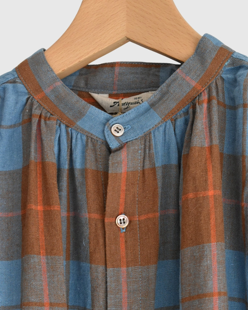 Linen Cotton Check Dress in Blue
