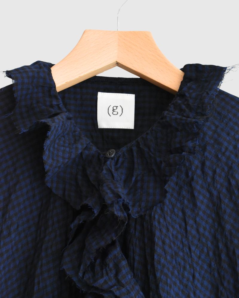 Check Frill Trim Blouse in NavyCheck