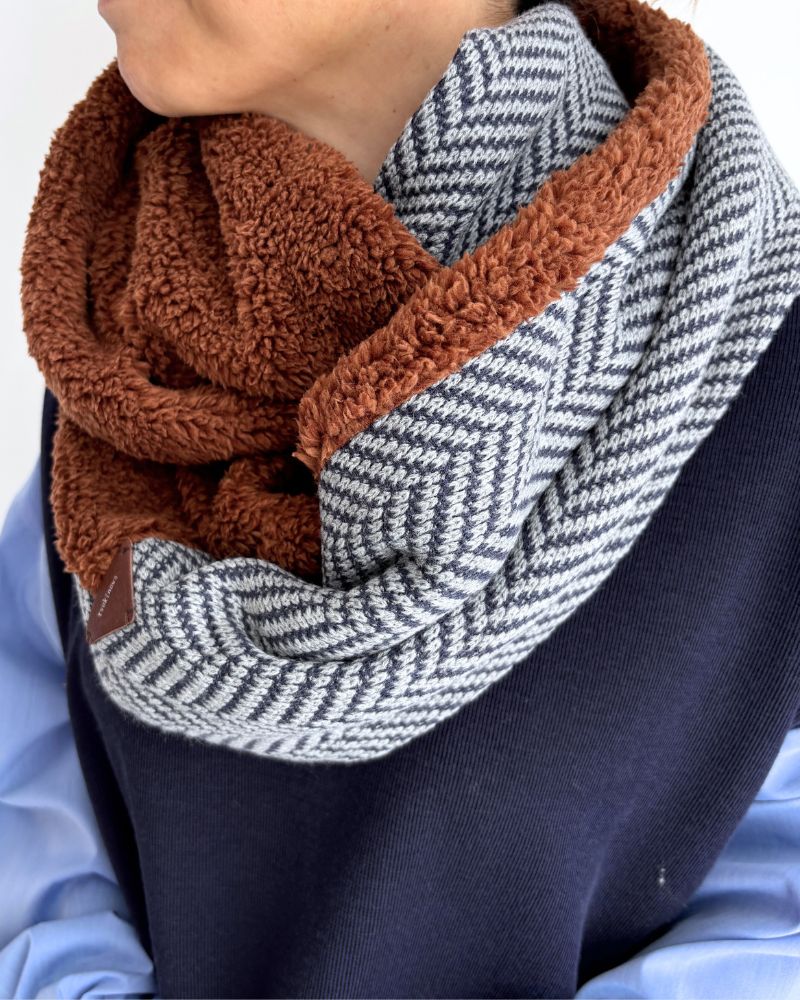 Long Herringbone Knit Snood in GrayNavy