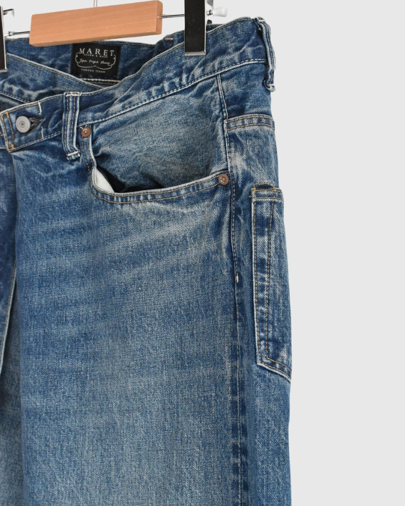 Selvedge Denim Asymmetric Tuck Pants in VintageBlue