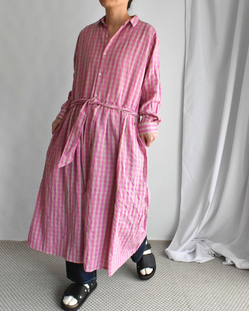 Linen Cotton Gingham Dress in Pink/Natural