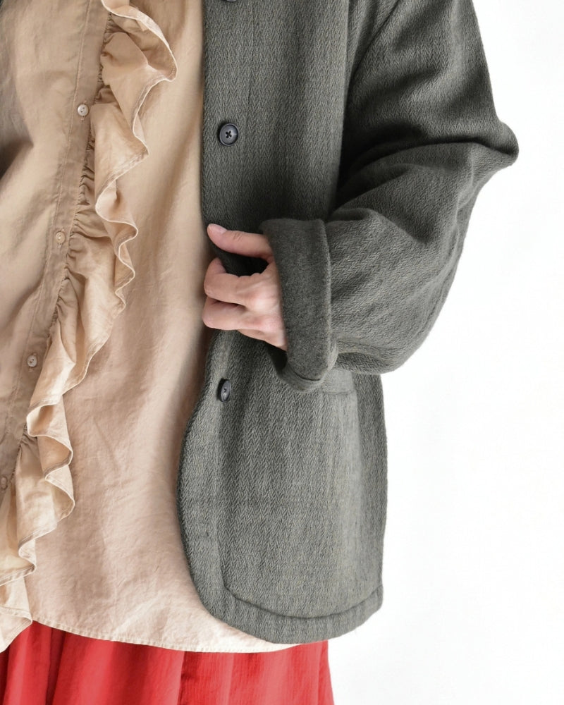Stand Collar Fly Front Jacket in Olive