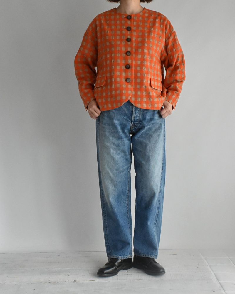 Cotton Wool Gingham Check Jacket in Beige/Orange