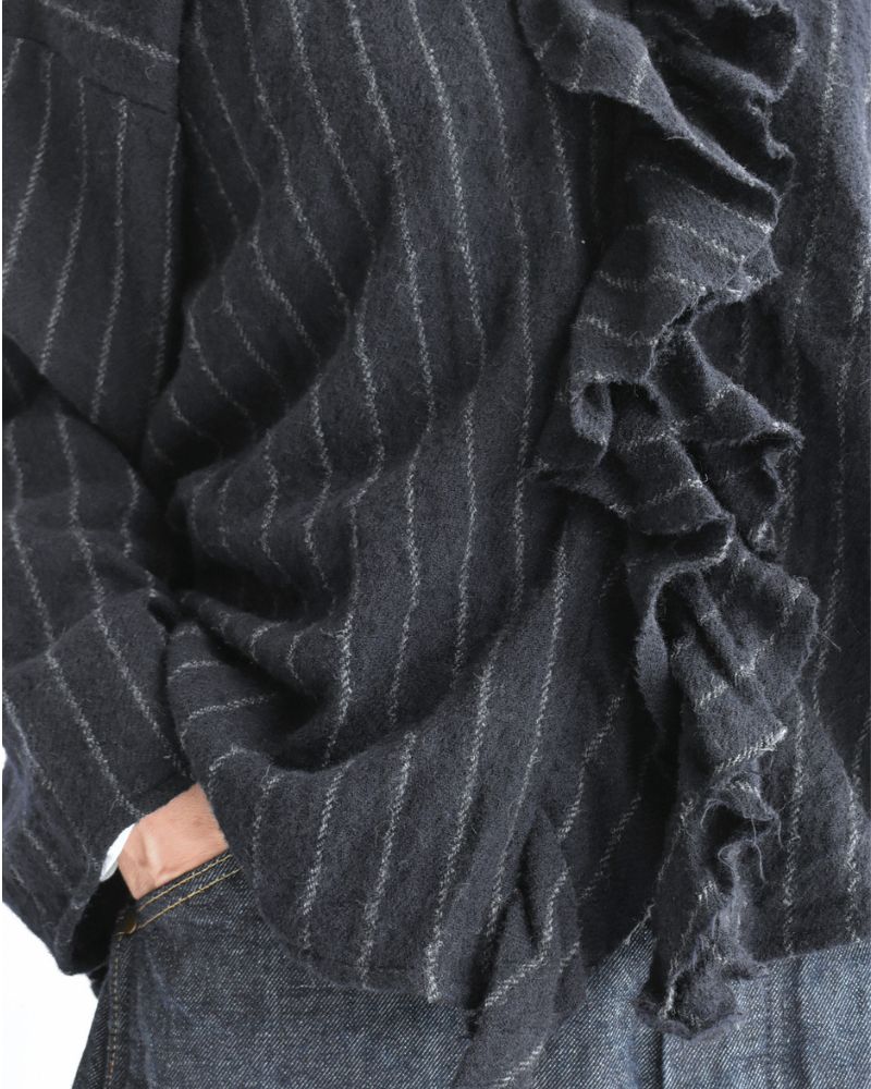 Wool Stripe Frill Trim Blouse in Navy