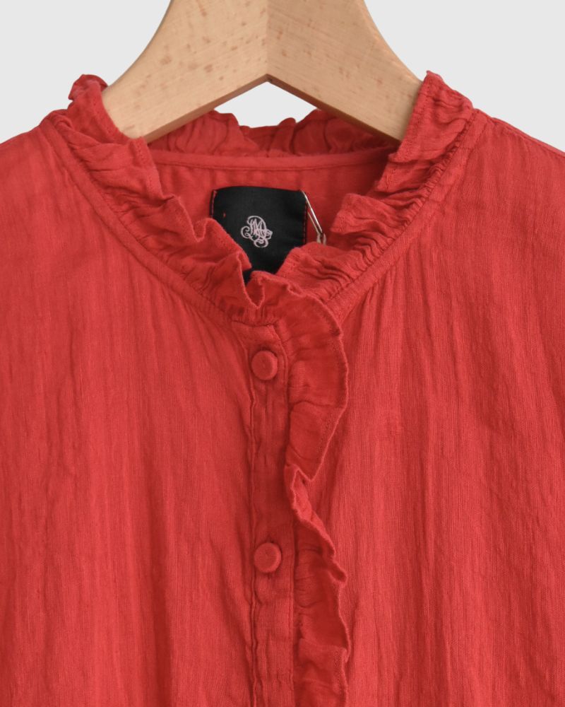 AUTO LOOM COTTON/LINEN PLAIN OVERDYE FRILL COLLAR SHIRT in Red