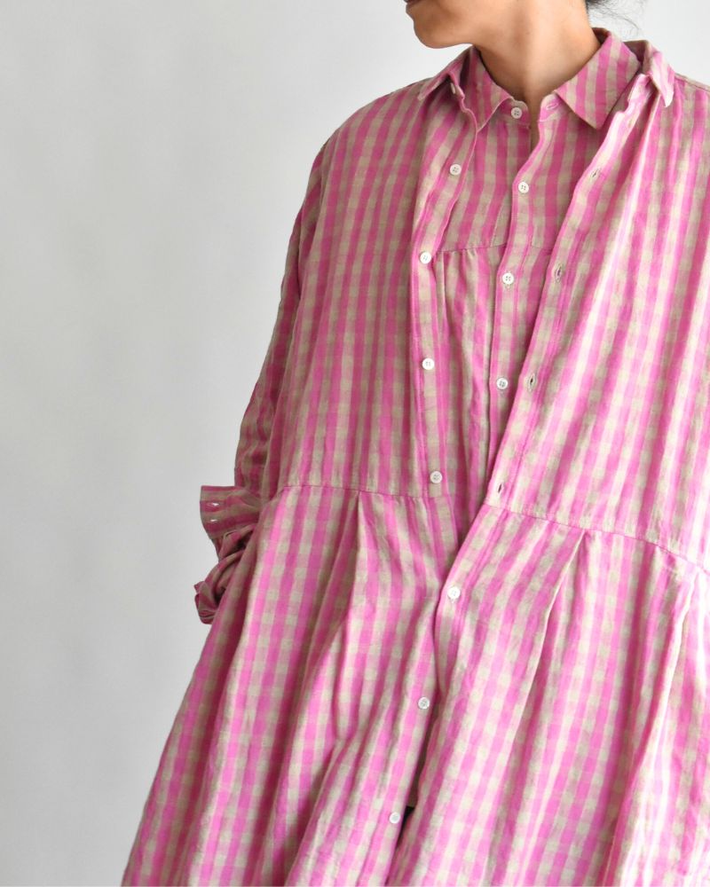 Linen Cotton Gingham Dress in Pink/Natural