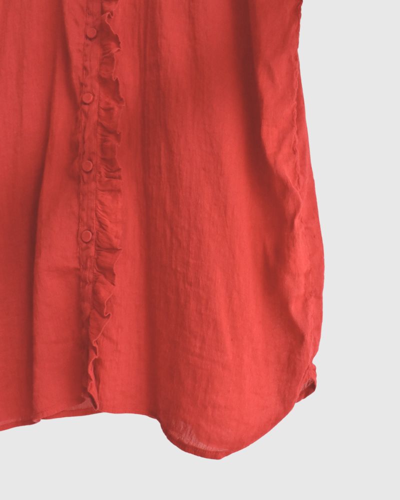 AUTO LOOM COTTON/LINEN PLAIN OVERDYE FRILL COLLAR SHIRT in Red