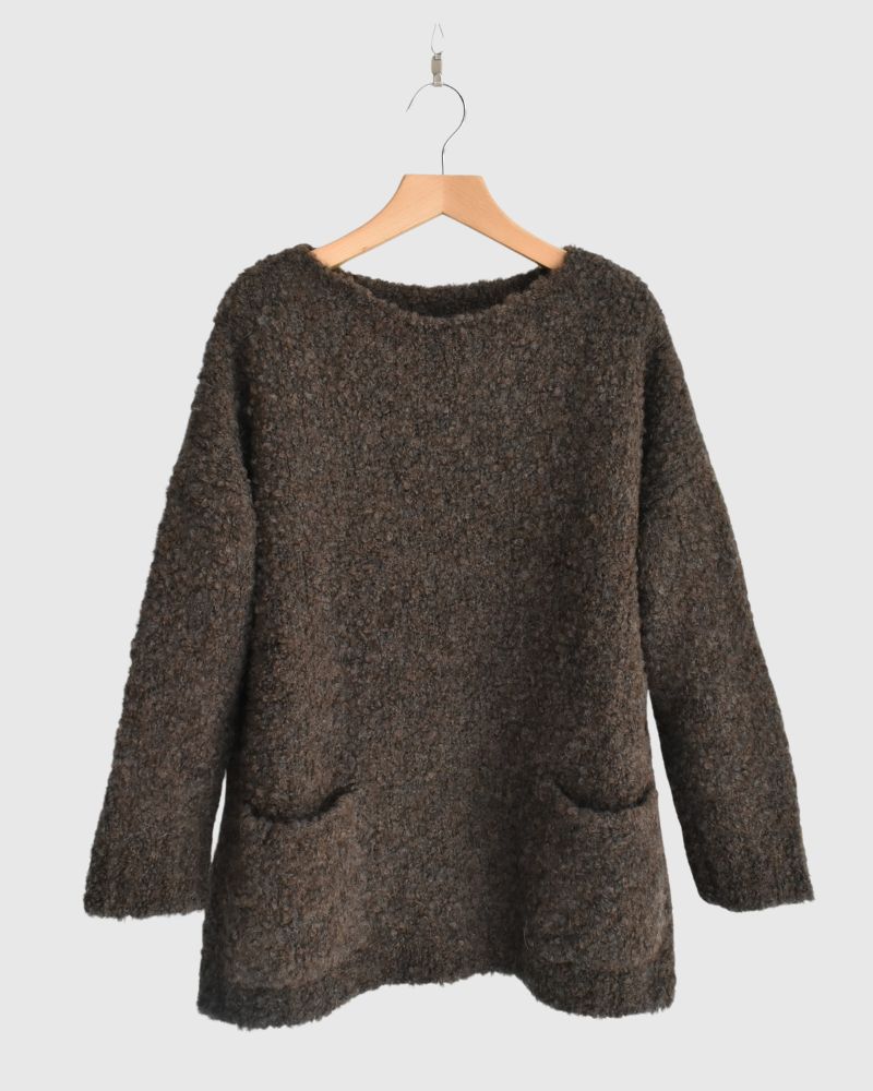 3GG BOUCLE CREW NECK PULLOVER WITH POCKET in Brown