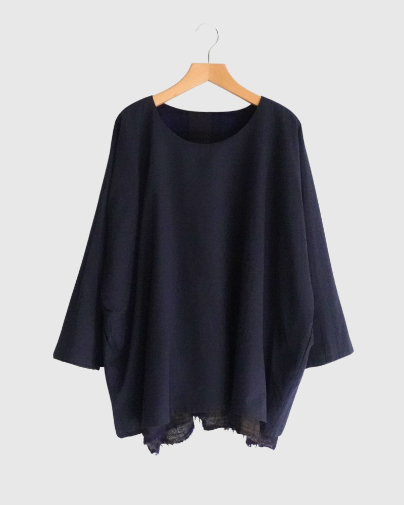 Wool Gauze Voile Reversible Top in Navy/Brown