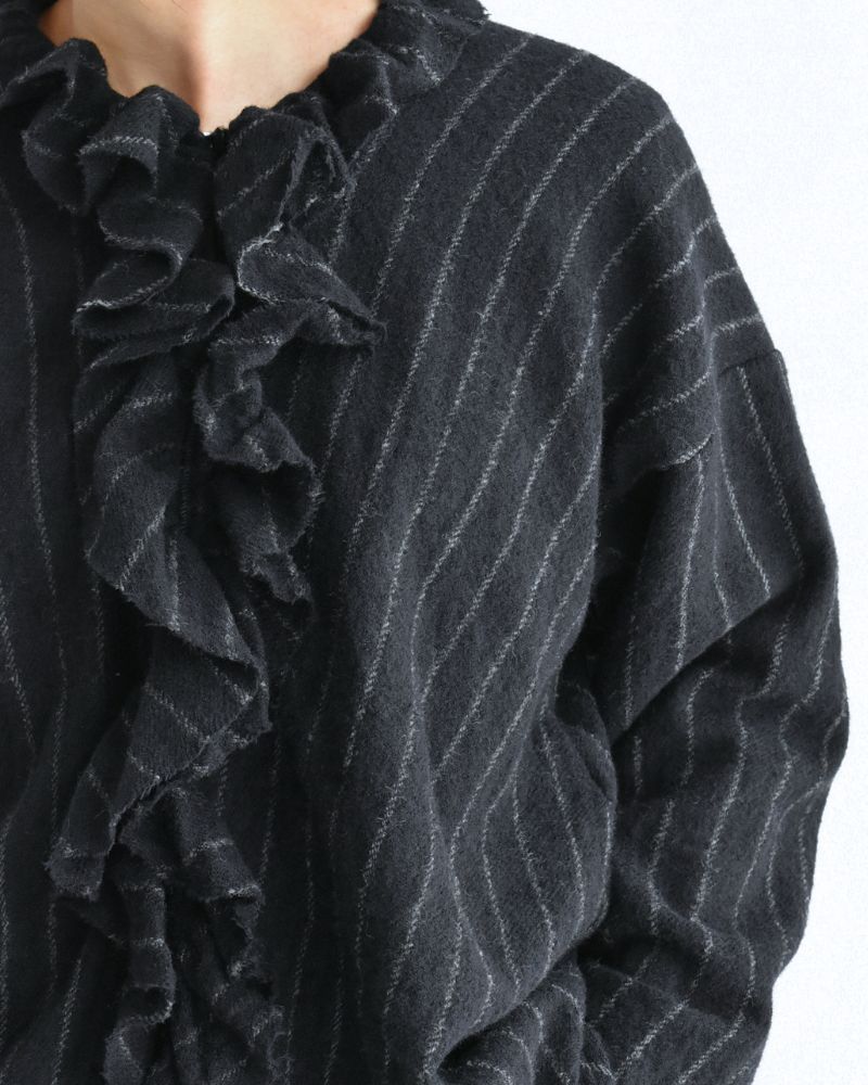 Wool Stripe Frill Trim Blouse in Navy